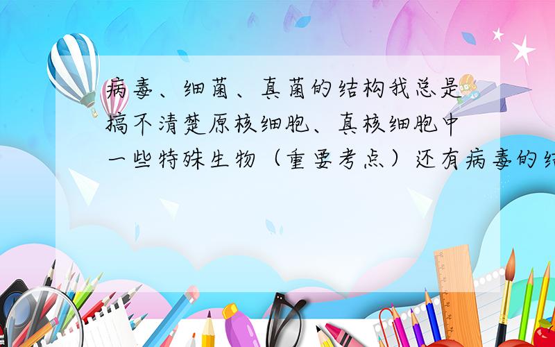 病毒、细菌、真菌的结构我总是搞不清楚原核细胞、真核细胞中一些特殊生物（重要考点）还有病毒的结构,麻烦列举一下像病毒、细菌、真菌之类的（细胞）结构啊,像蓝藻什么的