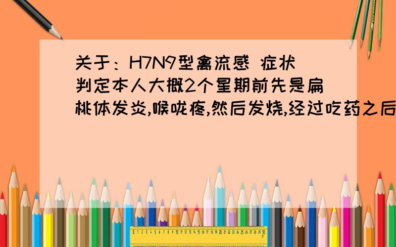 关于：H7N9型禽流感 症状判定本人大概2个星期前先是扁桃体发炎,喉咙疼,然后发烧,经过吃药之后,发烧症状和扁桃体发炎已经治愈.但是之后开始有浓痰.然后我没理它,过了几天它也自己好了.