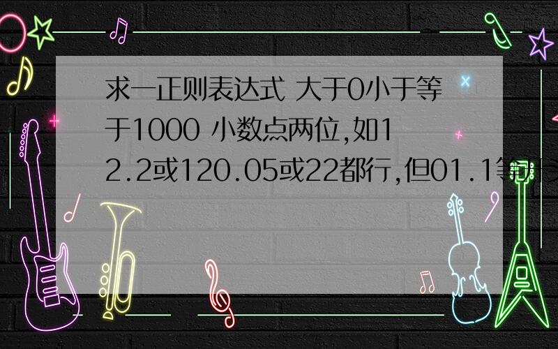 求一正则表达式 大于0小于等于1000 小数点两位,如12.2或120.05或22都行,但01.1等开头为0的都不行!