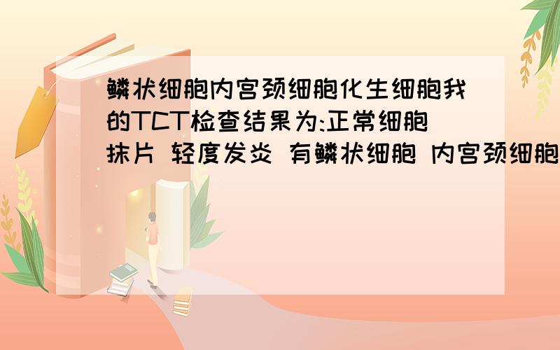 鳞状细胞内宫颈细胞化生细胞我的TCT检查结果为:正常细胞抹片 轻度发炎 有鳞状细胞 内宫颈细胞 化生细胞 未见泡疹病毒感染 、乳头瘤病毒感染 未见念珠菌、滴虫.抹片质素：炎症细胞遮盖