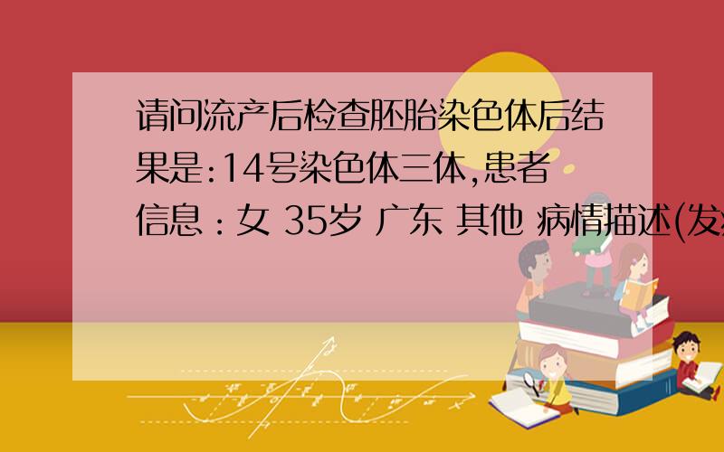 请问流产后检查胚胎染色体后结果是:14号染色体三体,患者信息：女 35岁 广东 其他 病情描述(发病时间、主要症状等)：2012年5月份怀孕后6周后检查还是空孕囊,7月人工流产后检查胚胎染色体,