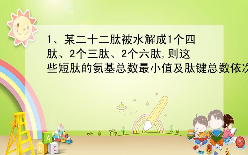 1、某二十二肽被水解成1个四肽、2个三肽、2个六肽,则这些短肽的氨基总数最小值及肽键总数依次是多少2、玉米种子萌发至幼苗过程中,细胞中结合水和自由水是怎样变化的为什么