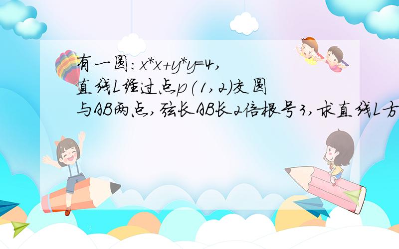 有一圆：x*x+y*y=4,直线L经过点p(1,2)交圆与AB两点,弦长AB长2倍根号3,求直线L方程