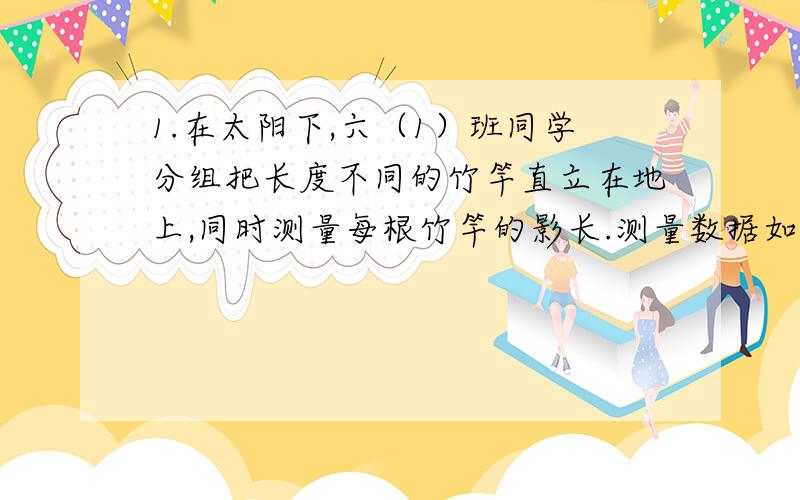 1.在太阳下,六（1）班同学分组把长度不同的竹竿直立在地上,同时测量每根竹竿的影长.测量数据如下：（1）求出每根竹竿的影长与竹竿长的比值,填在表中.（2）同学们同时还在校园测量出学