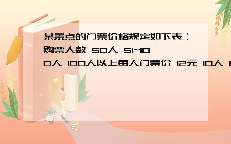 某景点的门票价格规定如下表：购票人数 50人 51~100人 100人以上每人门票价 12元 10人 8元某校七年级1、2两个班共102人去游览该景点,其中1班人数较少,不到50人,2班人数较多,有50多人.如果两班