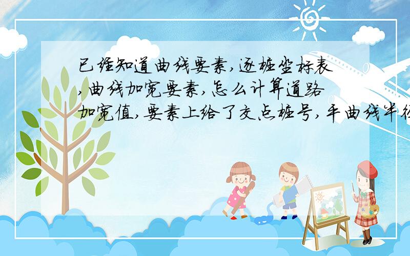 已经知道曲线要素,逐桩坐标表,曲线加宽要素,怎么计算道路加宽值,要素上给了交点桩号,平曲线半径,宽度圆曲线长度,缓和曲线1、2长度,要怎么算出在哪个位置开始加宽,渐变点桩号,全加宽桩