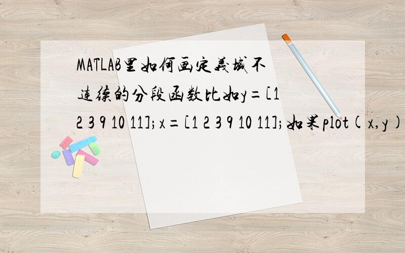 MATLAB里如何画定义域不连续的分段函数比如y=[1 2 3 9 10 11];x=[1 2 3 9 10 11];如果plot(x,y)的话(3,3)和(9,9)会连起来现在我如何才能画出(1,1) (2,2),(3,3)连起来 (9,9) (10,10) (11,11)连起来 (3,3)和(9,9)之间断开