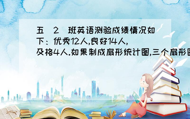 五（2）班英语测验成绩情况如下：优秀12人,良好14人,及格4人.如果制成扇形统计图,三个扇形圆心角度分别是（）、（）和（）.