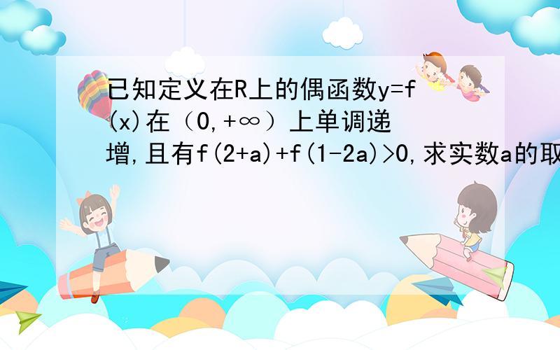 已知定义在R上的偶函数y=f(x)在（0,+∞）上单调递增,且有f(2+a)+f(1-2a)>0,求实数a的取值范围.