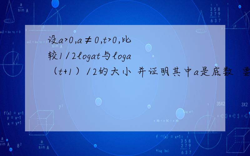 设a>0,a≠0,t>0,比较1/2logat与loga（t+1）/2的大小 并证明其中a是底数  要详细过程 拜托了