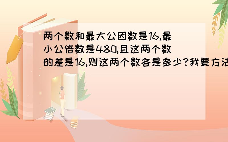 两个数和最大公因数是16,最小公倍数是480,且这两个数的差是16,则这两个数各是多少?我要方法,把有关这种类型题的方法写下来就可以了,包括这道题.