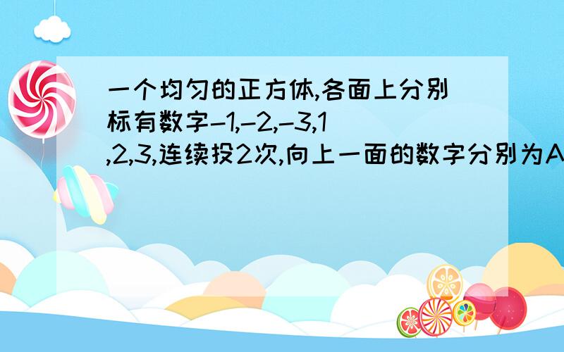 一个均匀的正方体,各面上分别标有数字-1,-2,-3,1,2,3,连续投2次,向上一面的数字分别为A,B则向量（A,B）与（-1,1）的夹角为锐角的概率是多少