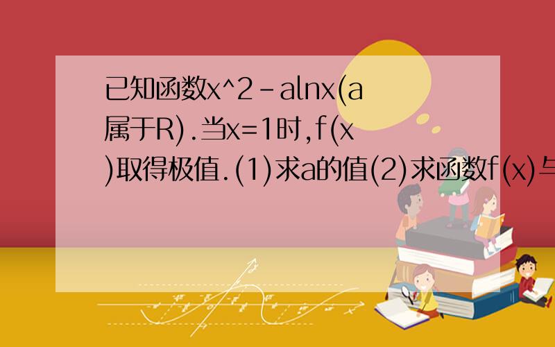 已知函数x^2-alnx(a属于R).当x=1时,f(x)取得极值.(1)求a的值(2)求函数f(x)与函数g(x)=-x^2+2x+k(k属于R)的图像的交点个数