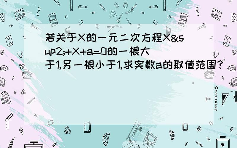 若关于X的一元二次方程X²+X+a=0的一根大于1,另一根小于1,求实数a的取值范围?