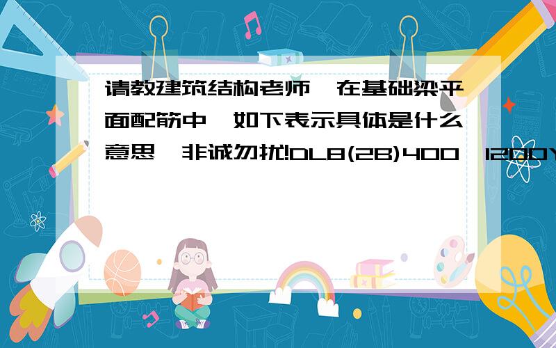 请教建筑结构老师,在基础梁平面配筋中,如下表示具体是什么意思,非诚勿扰!DL8(2B)400*1200Y1200*450*300Ф8@200(4)B2Ф25+2Ф22;T4Ф18 N6Ф16;LФ6@400YФ14@170;Ф6@300具体是什么意思