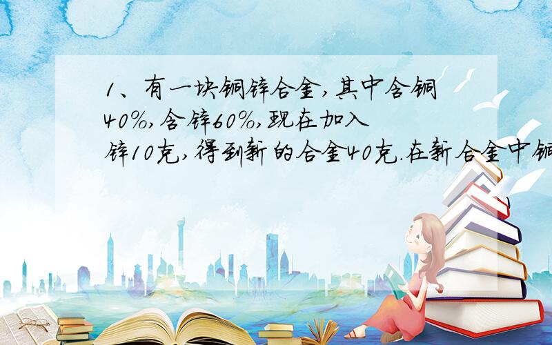 1、有一块铜锌合金,其中含铜40%,含锌60%,现在加入锌10克,得到新的合金40克.在新合金中铜占（ ）%,锌占（ ）%.2、一瓶100克的酒精溶液加入80克水后,稀释成浓度为40%的新溶液,原溶液的浓度是多