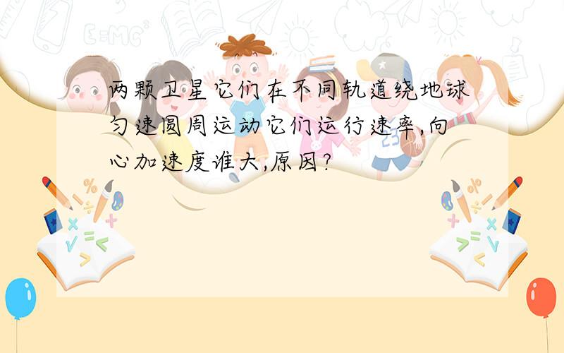 两颗卫星它们在不同轨道绕地球匀速圆周运动它们运行速率,向心加速度谁大,原因?