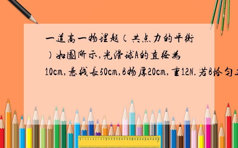 一道高一物理题（共点力的平衡）如图所示,光滑球A的直径为10cm,悬线长50cm,B物厚20cm,重12N.若B恰匀速下滑,又知μBC=0.2,C墙竖直,试求：（1） B对墙的压力为多大?（2） A球重量多大?