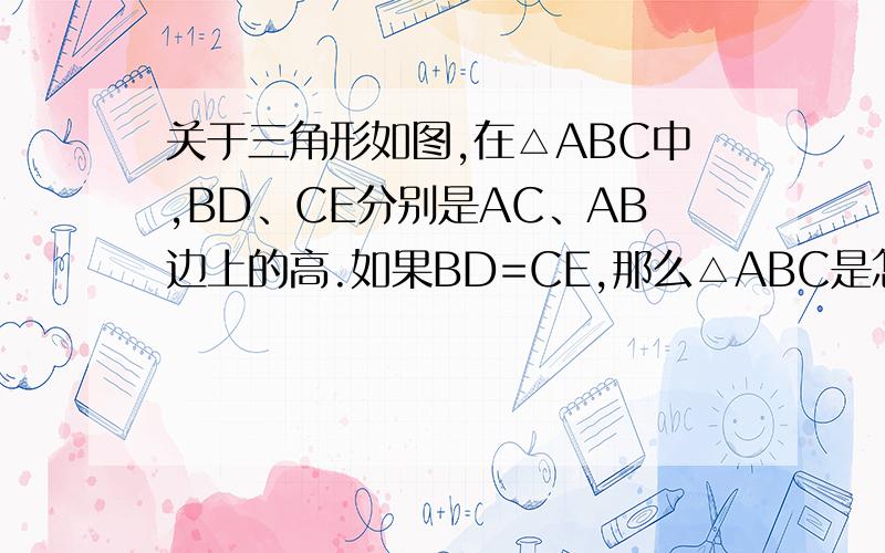 关于三角形如图,在△ABC中,BD、CE分别是AC、AB边上的高.如果BD=CE,那么△ABC是怎样的三角形,请说明理由（图是本人画的,不标准,△ABC一看就知道是等腰,