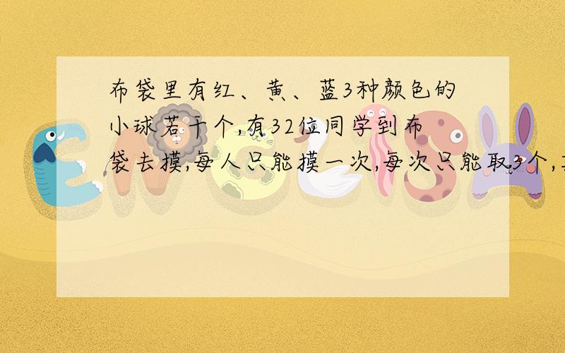 布袋里有红、黄、蓝3种颜色的小球若干个,有32位同学到布袋去摸,每人只能摸一次,每次只能取3个,其中至少有几个人摸出来的球相同?