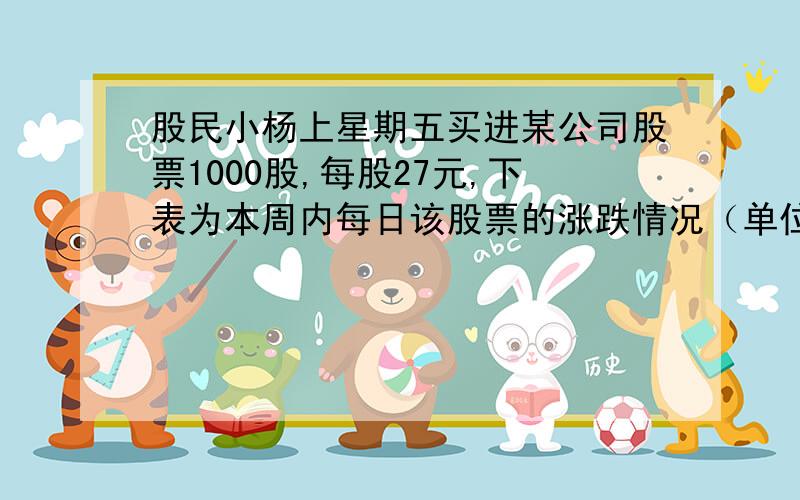 股民小杨上星期五买进某公司股票1000股,每股27元,下表为本周内每日该股票的涨跌情况（单位：元）：星期\x05一\x05二\x05三\x05四\x05五每股涨跌\x05+2.20\x05+1.42\x05-0.80\x05-2.52\x05+1.30星期三收盘时