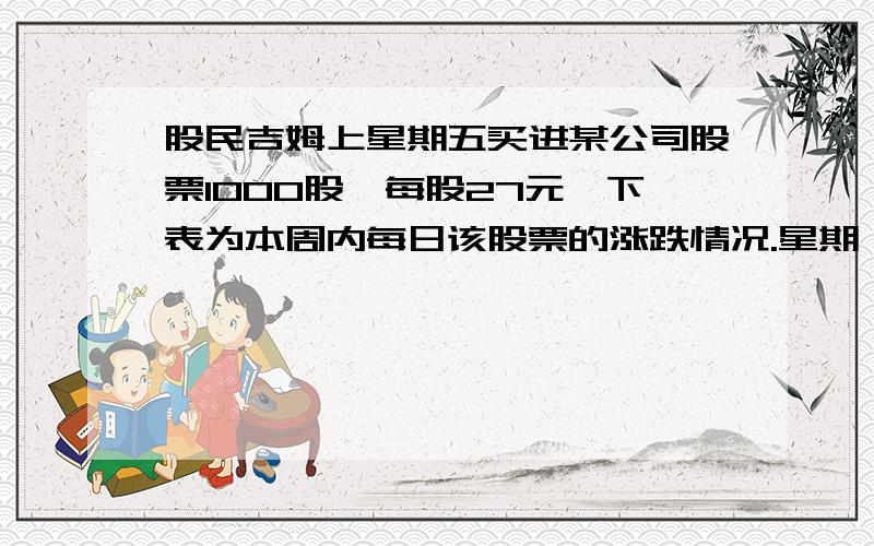 股民吉姆上星期五买进某公司股票1000股,每股27元,下表为本周内每日该股票的涨跌情况.星期 一 二 三 四 五每股涨跌 +4 +4.5 ﹣1 ﹣2.5 ﹣4已知吉姆买进股票时付了1.5‰的手续费,卖出时还需付成