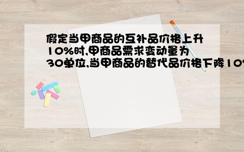 假定当甲商品的互补品价格上升10%时,甲商品需求变动量为30单位,当甲商品的替代品价格下降10%时,甲商品需求变动量为20单位,如果其他条件不变,当甲商品的互补品价格上升10%,替代品价格下降