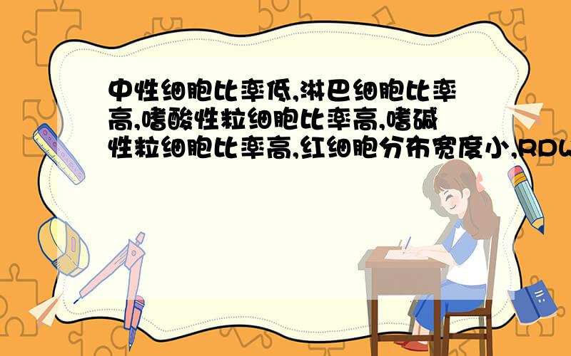 中性细胞比率低,淋巴细胞比率高,嗜酸性粒细胞比率高,嗜碱性粒细胞比率高,红细胞分布宽度小,RDW-CV低本人准备要宝宝,所以去医院检查,做了血常规,得到的血细胞分析报告单中有以下几项不