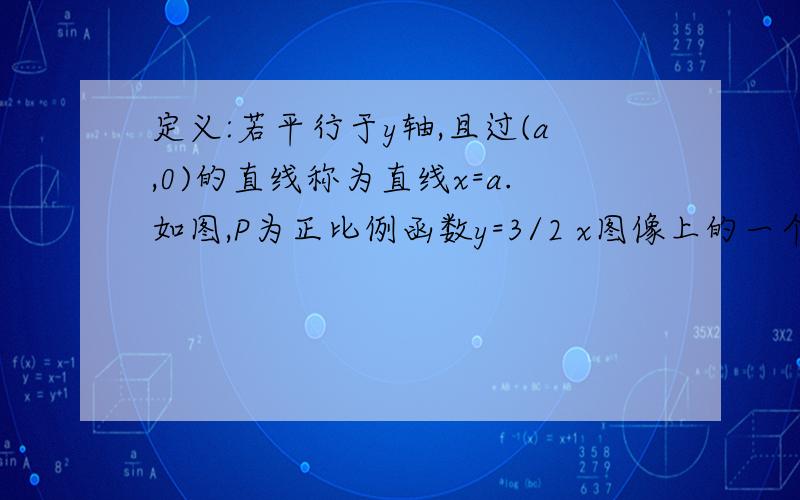 定义:若平行于y轴,且过(a,0)的直线称为直线x=a.如图,P为正比例函数y=3/2 x图像上的一个动点圆P的半径为3,设点P的坐标为（x,y)（1）求圆P与直线x=2相切时点P的坐标（2）请分别直接写出圆P与直线