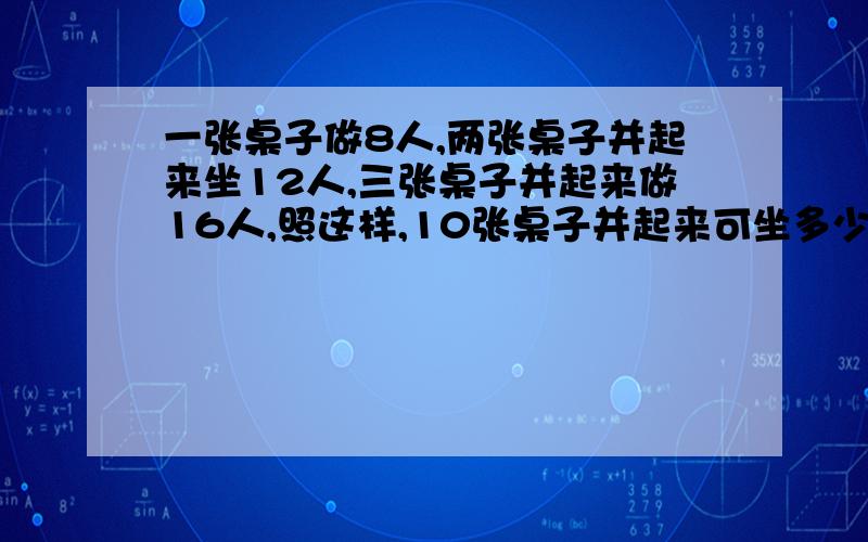 一张桌子做8人,两张桌子并起来坐12人,三张桌子并起来做16人,照这样,10张桌子并起来可坐多少人?如果一共204人,需要并多少张桌子才能坐下?