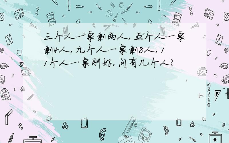 三个人一桌剩两人,五个人一桌剩4人,九个人一桌剩8人,11个人一桌刚好,问有几个人?