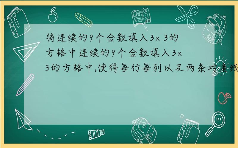 将连续的9个合数填入3×3的方格中连续的9个合数填入3×3的方格中,使得每行每列以及两条对角线上三数只和都相等,设每行每列以及两条对角线上的三数只和都等于M,求M最小值