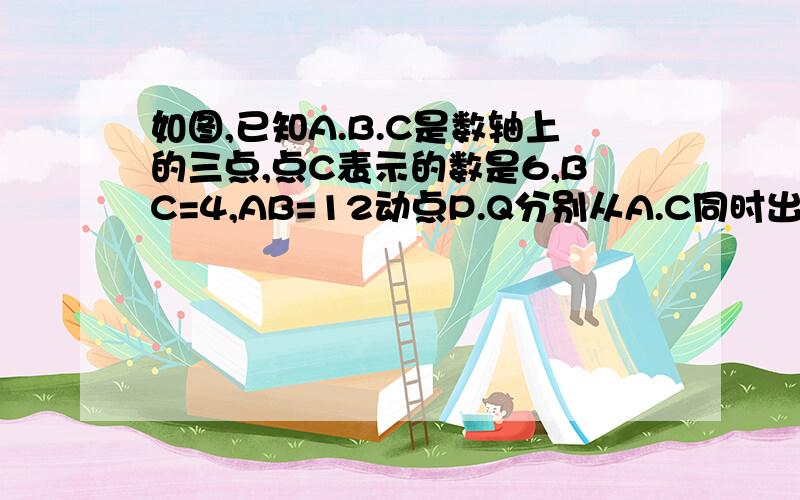 如图,已知A.B.C是数轴上的三点,点C表示的数是6,BC=4,AB=12动点P.Q分别从A.C同时出发,点P一每秒2个单位长度的速度沿数轴享有匀速运功,点Q以每秒1个单位长度的速度沿数轴向左匀速运功,设运动时