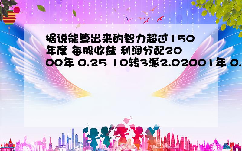 据说能算出来的智力超过150年度 每股收益 利润分配2000年 0.25 10转3派2.02001年 0.29 10送1.5派0.7 2002年 0.34 10送2转1派0.62003年 0.38 10送2转1.5派1.22004年 0.39 10送2派0.7计算出来是 1*1.3*1.15*1.3*1.35=2.65这