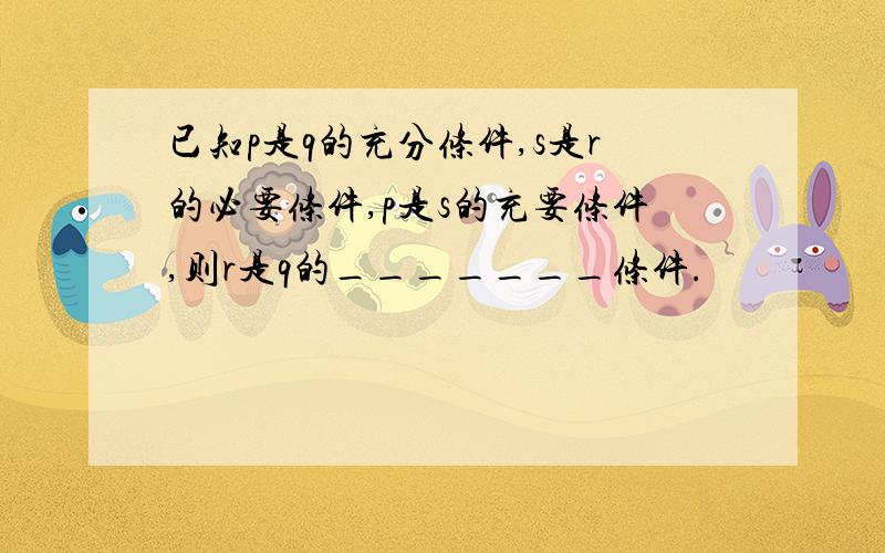 已知p是q的充分条件,s是r的必要条件,p是s的充要条件,则r是q的_______条件.