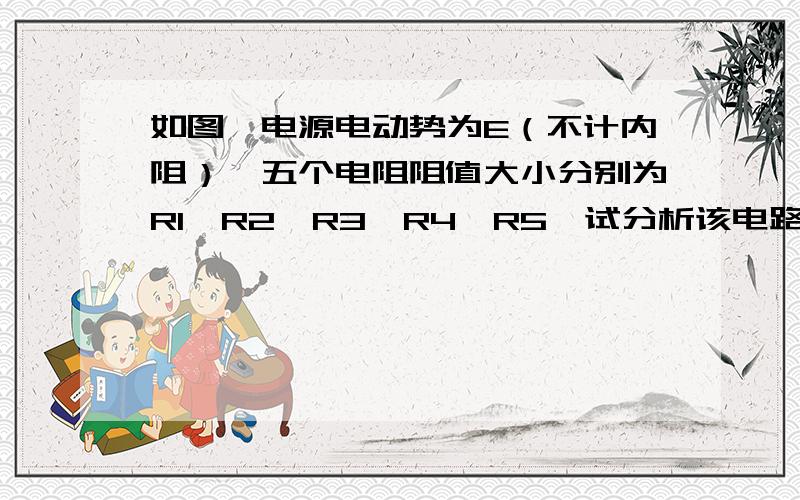 如图,电源电动势为E（不计内阻）,五个电阻阻值大小分别为R1、R2、R3、R4、R5,试分析该电路的串并联方式及各个电阻上的电压（用代数式表示即可）.