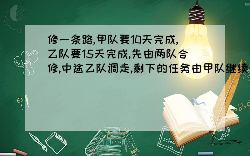 修一条路,甲队要10天完成,乙队要15天完成,先由两队合修,中途乙队调走,剩下的任务由甲队继续干5天完成,则甲.乙两队各干了多少天?