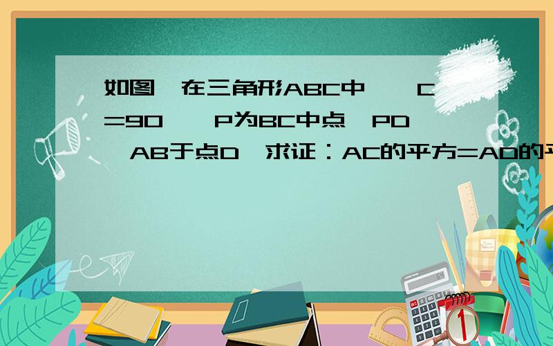 如图,在三角形ABC中,∠C=90°,P为BC中点,PD⊥AB于点D,求证：AC的平方=AD的平方减BD的平方.