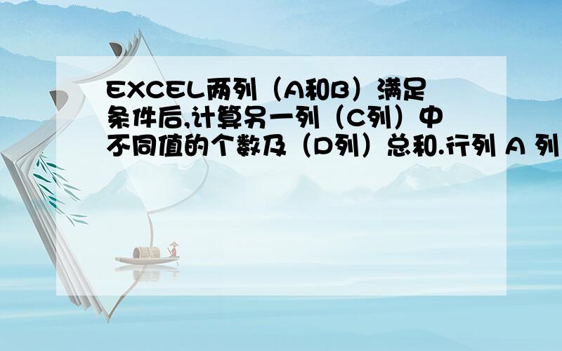 EXCEL两列（A和B）满足条件后,计算另一列（C列）中不同值的个数及（D列）总和.行列 A 列 B 列 C 列 D 列 1 行 2/8 游泳 甲 2小时2 行 2/8 游泳 丙 1小时3 行 2/8 骑车 甲 1小时4 行 2/8 游泳 甲 3小时5