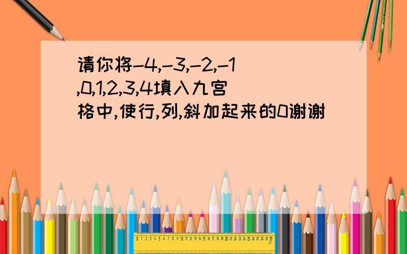 请你将-4,-3,-2,-1,0,1,2,3,4填入九宫格中,使行,列,斜加起来的0谢谢