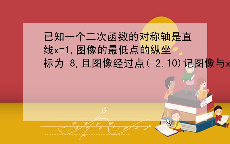 已知一个二次函数的对称轴是直线x=1,图像的最低点的纵坐标为-8,且图像经过点(-2.10)记图像与x轴的交点a.b,与y轴的交点为c ,则s三角形abc面积为多少?((不知道这道题是不是要画图啊))