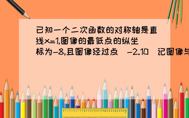 已知一个二次函数的对称轴是直线x=1,图像的最低点的纵坐标为-8,且图像经过点(-2.10)记图像与x轴的交点a.b,与y轴的交点为c ,则s三角形abc面积为多