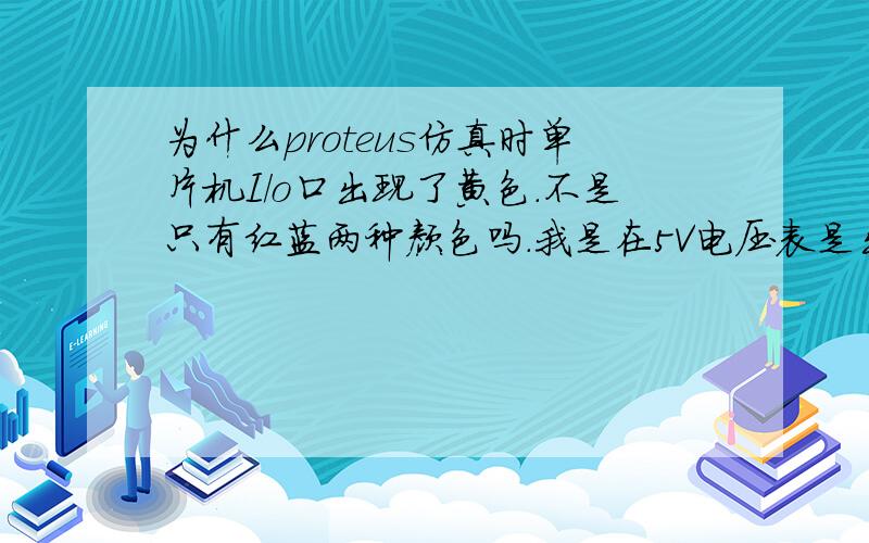 为什么proteus仿真时单片机I/o口出现了黄色.不是只有红蓝两种颜色吗.我是在5V电压表是出现了这种情况,连接lcd1602的I/o口出现了这种情况,是不是扫描速度太快了.电压表只显示一个数字,变阻器