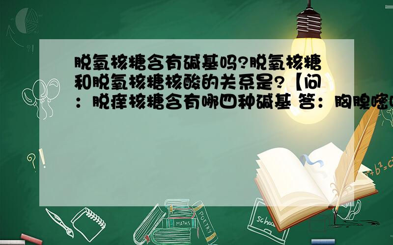 脱氧核糖含有碱基吗?脱氧核糖和脱氧核糖核酸的关系是?【问：脱痒核糖含有哪四种碱基 答：胸腺嘧啶,腺嘌呤,鸟嘌呤,胞嘧啶.】那这种说法正确吗?