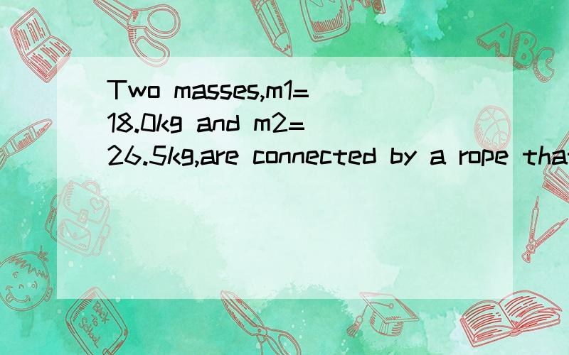 Two masses,m1=18.0kg and m2=26.5kg,are connected by a rope that hangs over a pully.The pully is an uniform cylinder of radius 0.260m and mass 7.50kg.Initially,m1 is on the ground and m2 rests 3.00m above the ground.If the system is now released,use c