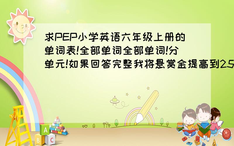 求PEP小学英语六年级上册的单词表!全部单词全部单词!分单元!如果回答完整我将悬赏金提高到25!BOOK 7