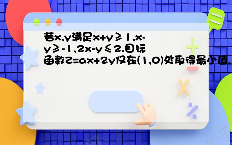 若x,y满足x+y≥1,x-y≥-1,2x-y≤2.目标函数Z=ax+2y仅在(1,0)处取得最小值,求a的取值范围（最好有图）