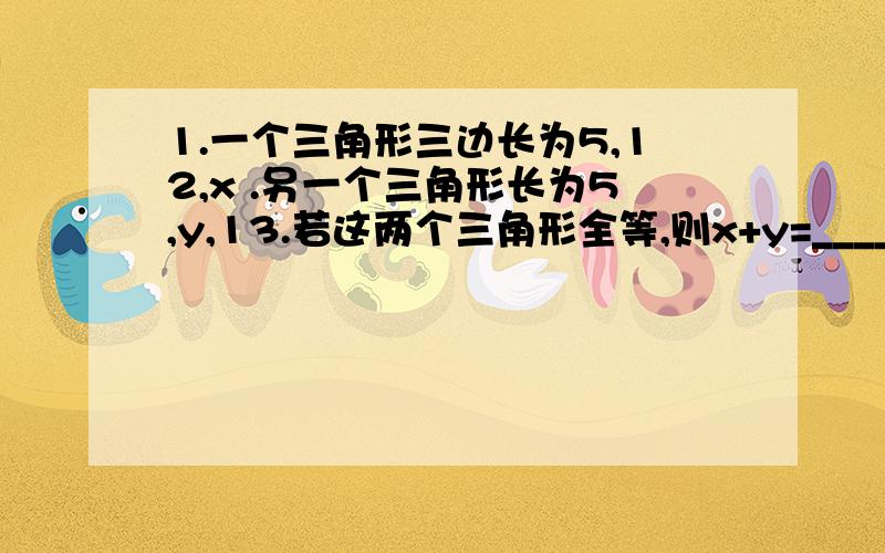 1.一个三角形三边长为5,12,x .另一个三角形长为5,y,13.若这两个三角形全等,则x+y=_____.2.如图,AD是△ABC中BC边上的中线,若AB=2,AC=4,则AD的取值范围是____.3.小明在写作业时,将点A的横纵坐标次序颠倒,