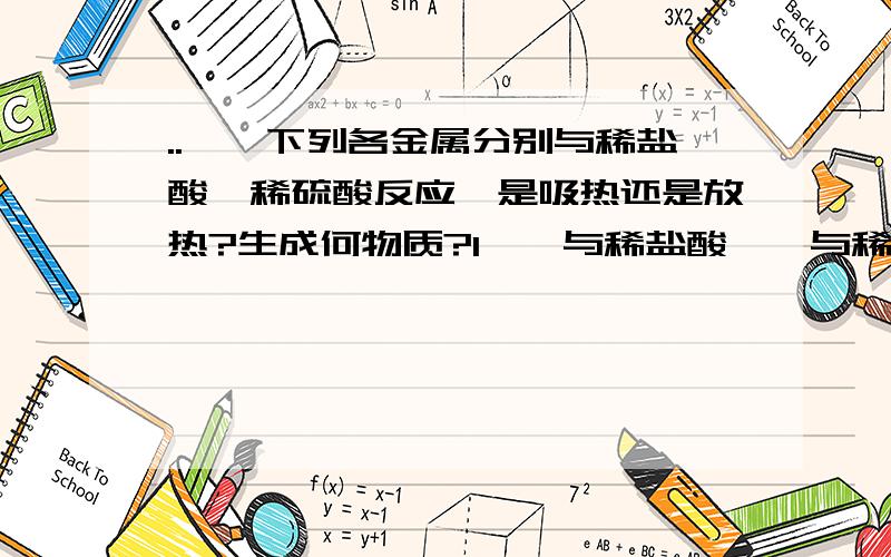 ..一、下列各金属分别与稀盐酸、稀硫酸反应,是吸热还是放热?生成何物质?1、镁与稀盐酸,镁与稀硫酸?2、锌与稀盐酸,镁与稀硫酸?3、铁与稀盐酸,镁与稀硫酸?二、下列各反应,是吸热还是放热?