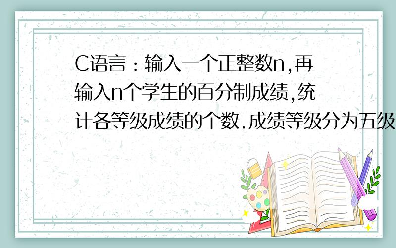 C语言：输入一个正整数n,再输入n个学生的百分制成绩,统计各等级成绩的个数.成绩等级分为五级,分别为A（90~100）、B（80~89）、C（70~79）、D（60~69）和E（0~59）.输入输出示例Enter n:5Enter grade 1: